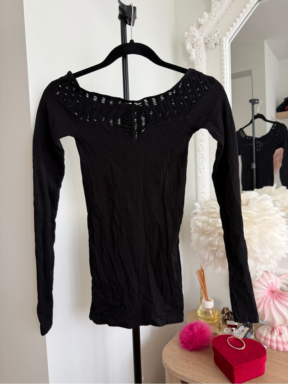 Free People Intimately Black Ribbed Long-Sleeve Knit Top with Lazer Cutout